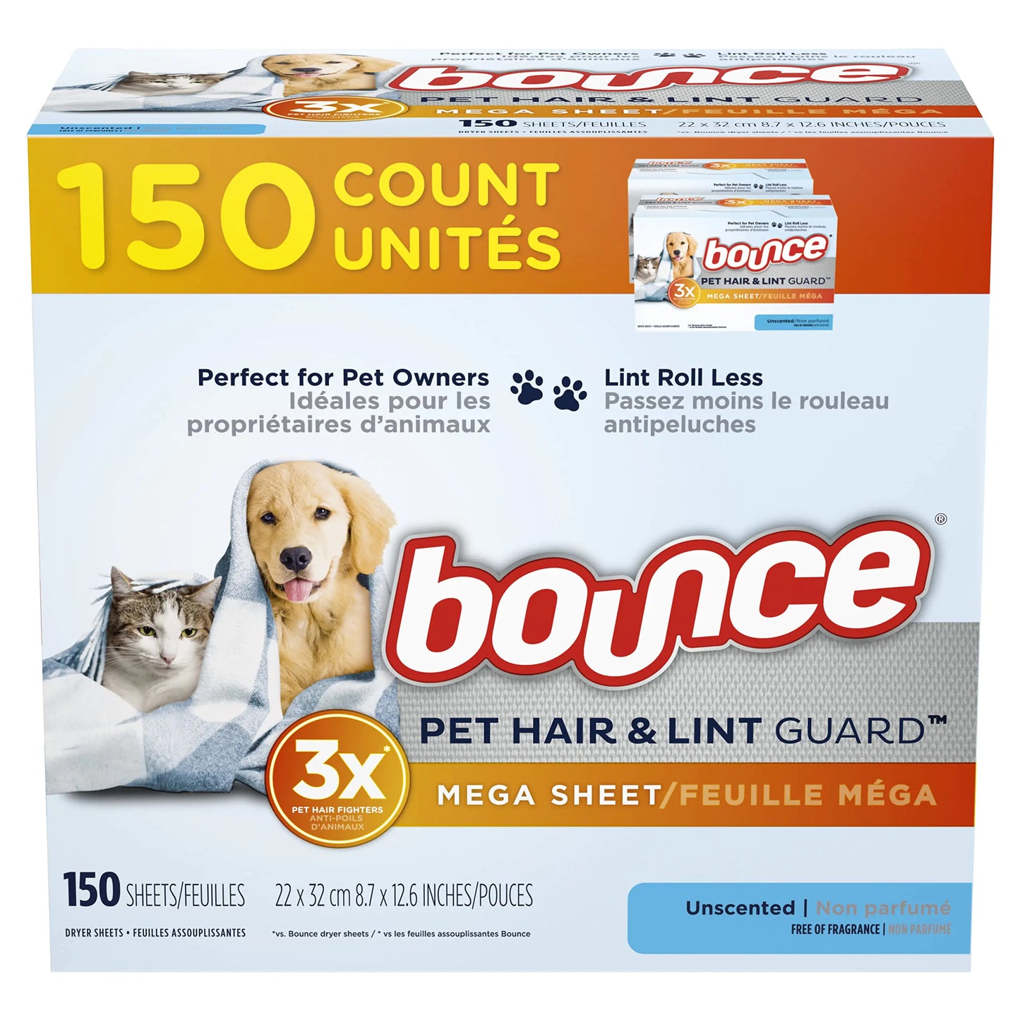 Bounce Pet Hair and Lint Guard Mega Fabric Softener Dryer Sheets with 3X Pet Hair Fighters Unscented 150 Count