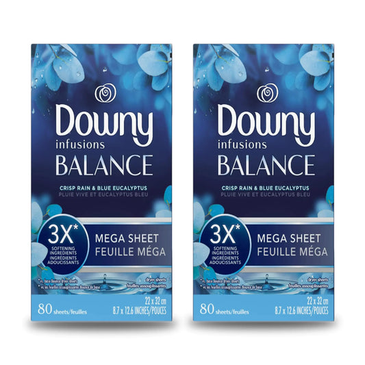 Mega Dryer Sheets BALANCE Crisp Rain and Blue Eucalyptus 80 Count 2 pack