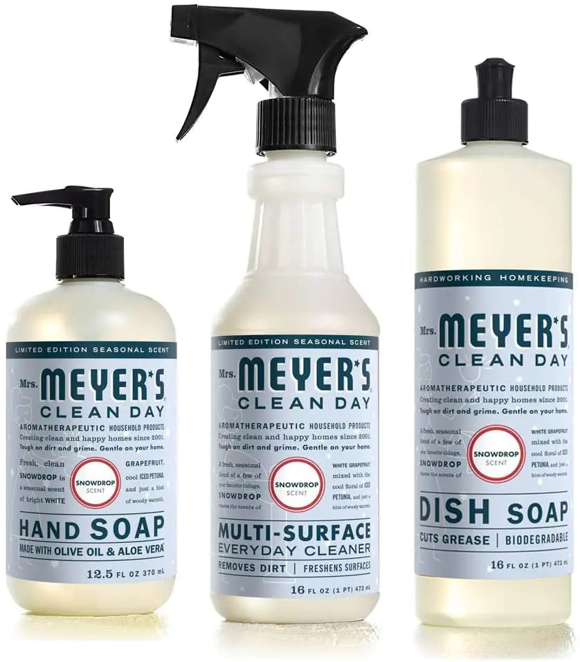 Mrs. Meyers Snow Drop Kitchen Set Dish Soap Hand Soap Multi-Surface Cleaner 3 CT