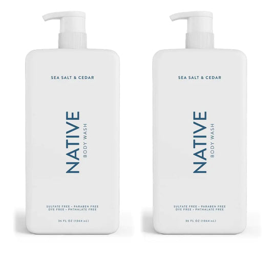 Native Body Wash for Women Men | Sulfate Free Paraben Dye with Naturally Derived Clean Ingredients 36 oz bottle pump- 2 Pack (Sea Salt & Cedar) 72 Fl Oz