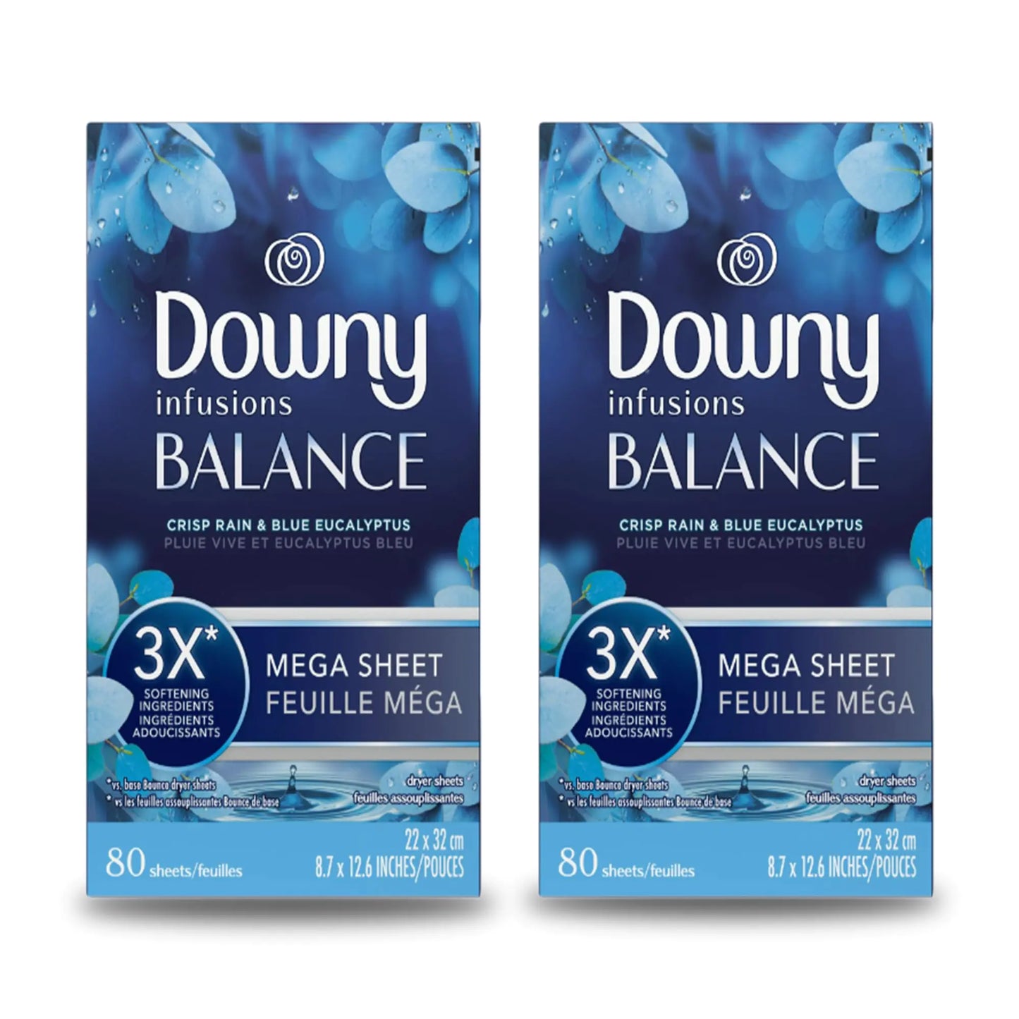 Mega Dryer Sheets BALANCE Crisp Rain and Blue Eucalyptus 80 Count 2 pack