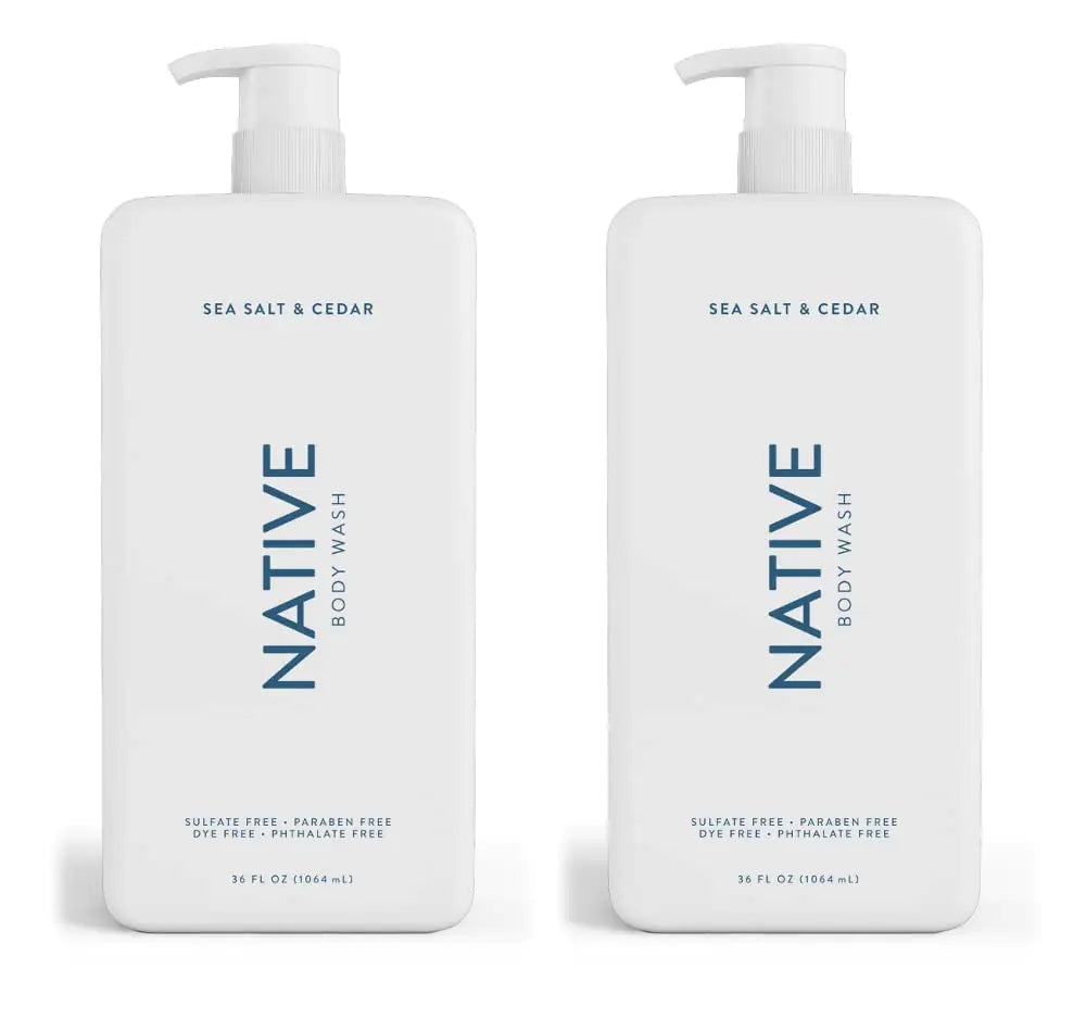 Native Body Wash for Women Men | Sulfate Free Paraben Dye with Naturally Derived Clean Ingredients 36 oz bottle pump- 2 Pack (Sea Salt & Cedar) 72 Fl Oz